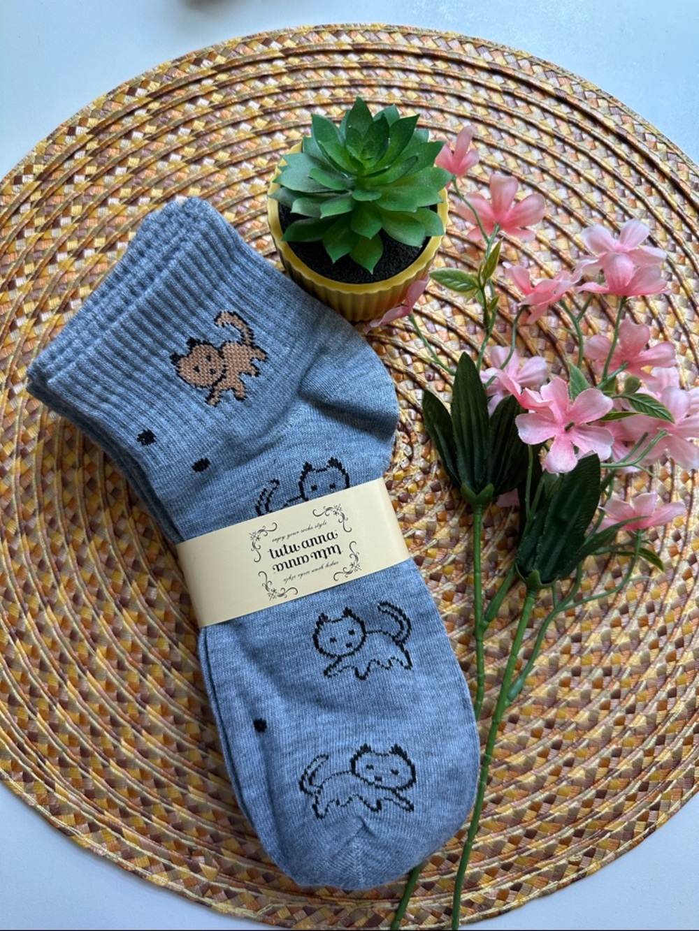 Grey Cat Pattern Crew Socks - Women/5 PAIRS